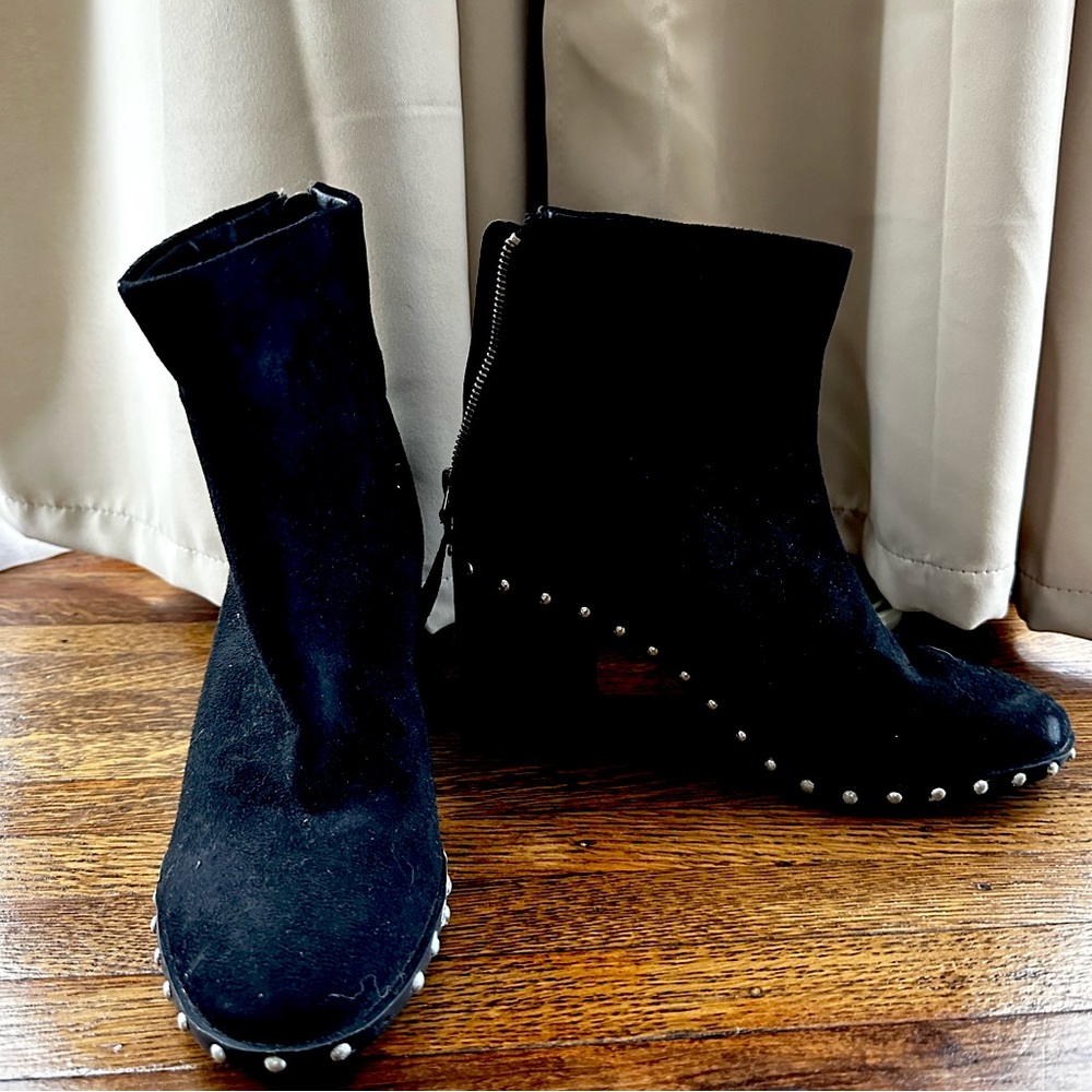 Black suede heeled booties with stud detail. Women’s size 7.5